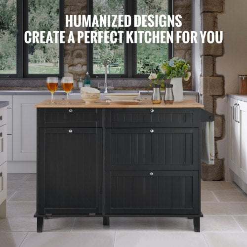 Kitchen Island Cart 50 Wood Top Breakfast Bar with Trash Cabinet Tilt Out