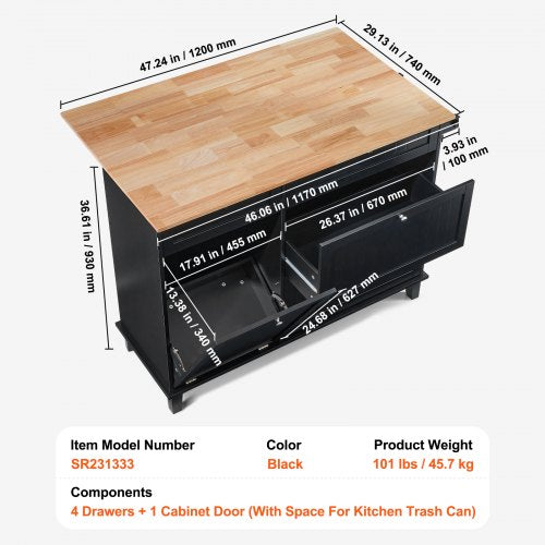 Kitchen Island Cart 50 Wood Top Breakfast Bar with Trash Cabinet Tilt Out