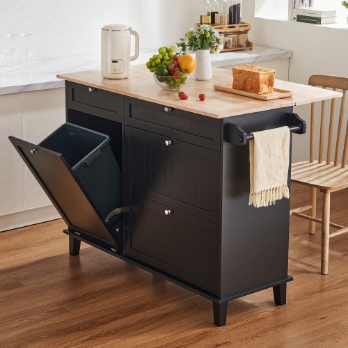Kitchen Island Cart 50 Wood Top Breakfast Bar with Trash Cabinet Tilt Out