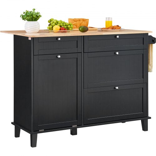Kitchen Island Cart 50 Wood Top Breakfast Bar with Trash Cabinet Tilt Out