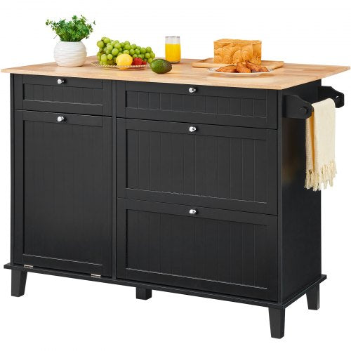 Kitchen Island Cart 50 Wood Top Breakfast Bar with Trash Cabinet Tilt Out
