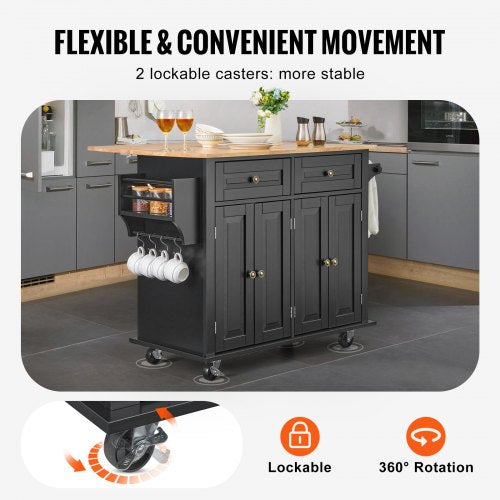 Kitchen Island Cart 43 Wood Top Mobile Carts with Storage Cabinet Rolling