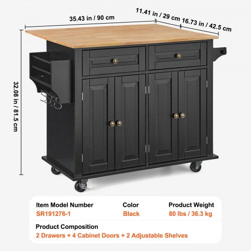 Kitchen Island Cart 43 Wood Top Mobile Carts with Storage Cabinet Rolling