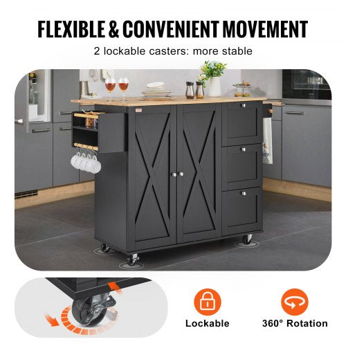 Kitchen Island Cart 56 Wood Top Mobile Carts with Storage Cabinet Rolling