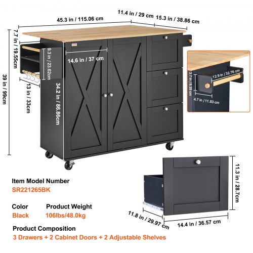 Kitchen Island Cart 56 Wood Top Mobile Carts with Storage Cabinet Rolling