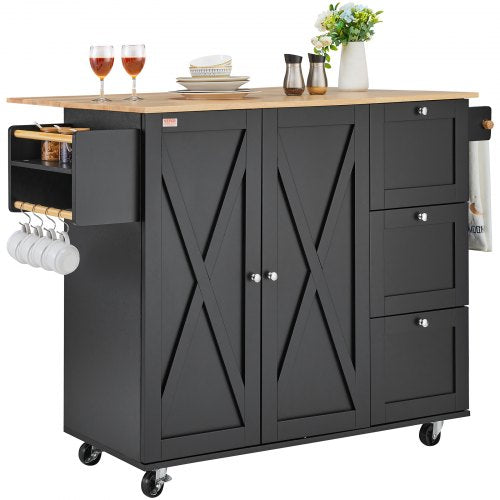 Kitchen Island Cart 56 Wood Top Mobile Carts with Storage Cabinet Rolling