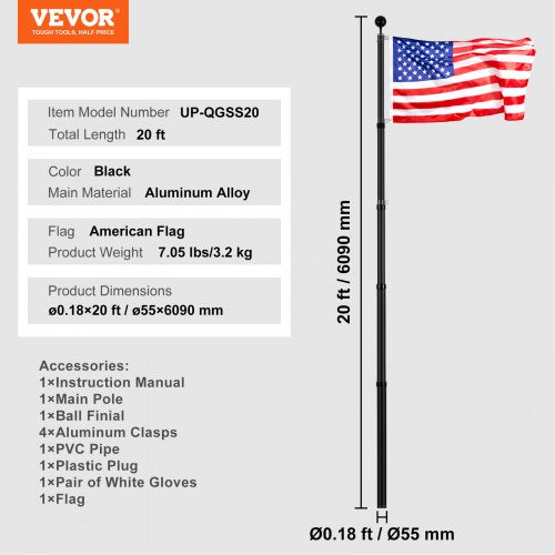 20FT Telescoping Flag pole Kit Heavy Duty Aluminum Alloy in Ground Flag