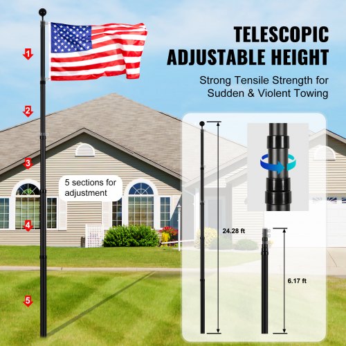 25FT Telescoping Flag pole Kit Heavy Duty Aluminum Alloy in Ground Flag