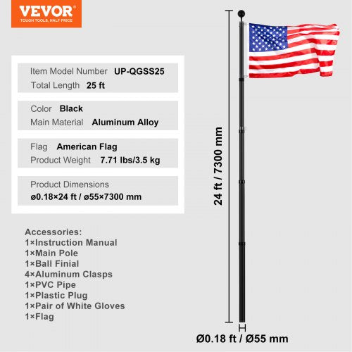 25FT Telescoping Flag pole Kit Heavy Duty Aluminum Alloy in Ground Flag