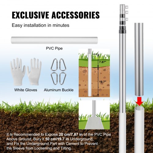 20FT Telescoping Flag pole Kit Heavy Duty Aluminum Alloy in Ground Flag