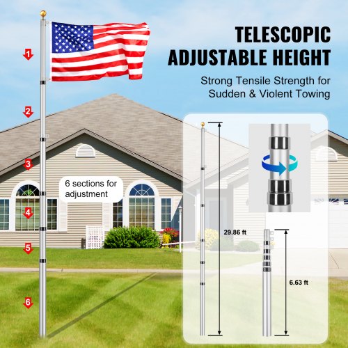 30FT Telescoping Flag pole Kit Heavy Duty Aluminum Alloy in Ground Flag