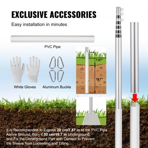 30FT Telescoping Flag pole Kit Heavy Duty Aluminum Alloy in Ground Flag