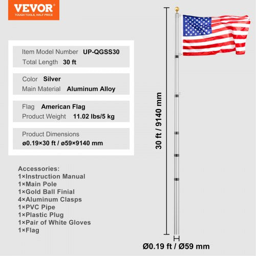 30FT Telescoping Flag pole Kit Heavy Duty Aluminum Alloy in Ground Flag