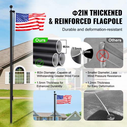 20FT Detachable Flagpole Kit Heavy Duty Aluminum Flag Pole American Black