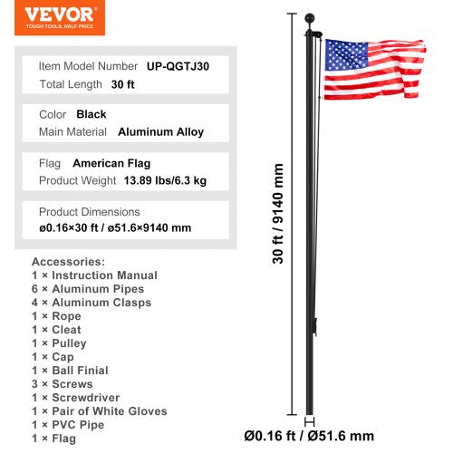30FT Sectional Flag pole Kit Heavy Duty Aluminum Alloy in Ground Flag poles