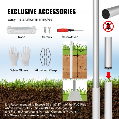 20FT Sectional Flag pole Kit Heavy Duty Aluminum Alloy in Ground Flag poles