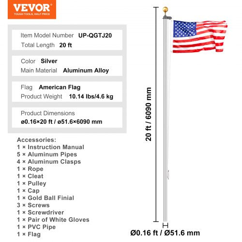 20FT Sectional Flag pole Kit Heavy Duty Aluminum Alloy in Ground Flag poles