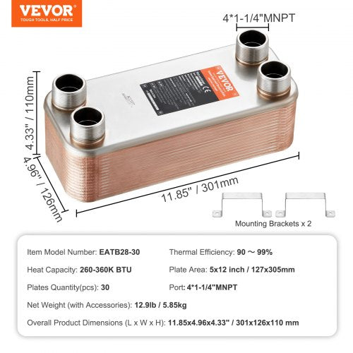 Heat Exchanger 5x 12 30 Plates Brazed Plate Heat Exchanger Copper316L
