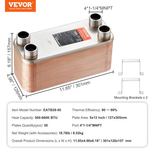 Heat Exchanger 5x 12 50 Plates Brazed Plate Heat Exchanger Copper316L