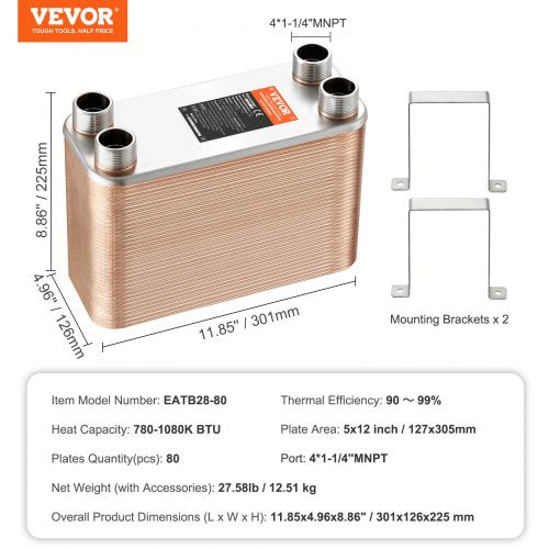 Heat Exchanger 5x 12 80 Plates Brazed Plate Heat Exchanger Copper316L