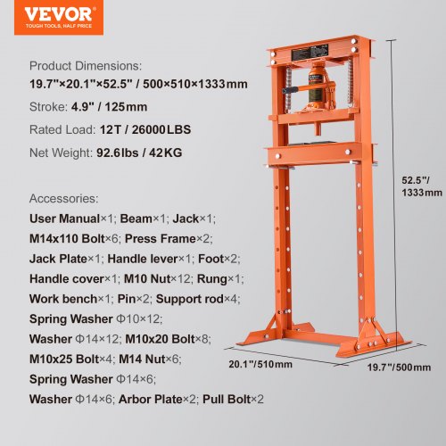 Hydraulic Shop Press 12 Ton HFrame Hydraulic GarageShop Floor Press