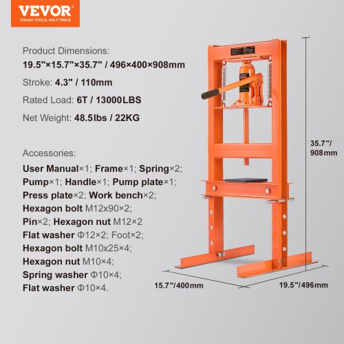 Hydraulic Shop Press 6 Ton HFrame Hydraulic GarageShop Floor Press
