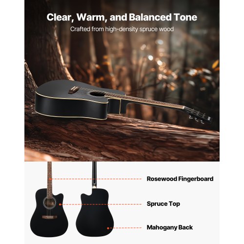 Cutway Acoustic Guitar 41 in 6String Black Solid Spruce Top Guitar