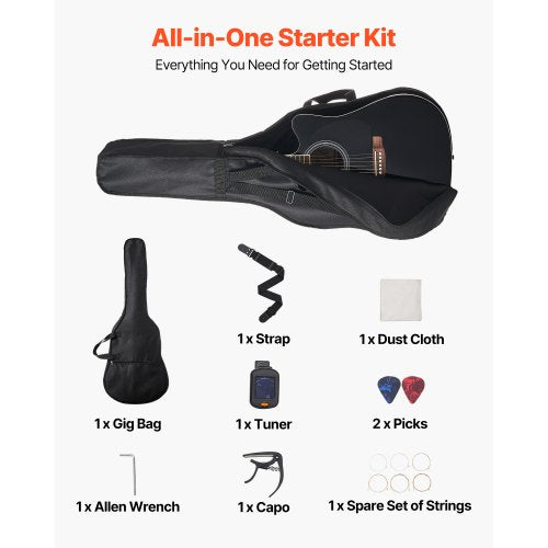 Cutway Acoustic Guitar 41 in 6String Black Solid Spruce Top Guitar
