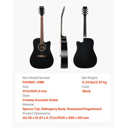 Cutway Acoustic Guitar 41 in 6String Black Solid Spruce Top Guitar