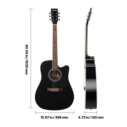 Cutway Acoustic Guitar 41 in 6String Black Solid Spruce Top Guitar
