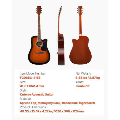 41 in Cutway Acoustic Guitar 6String Sunburst Solid Spruce Top Guitar