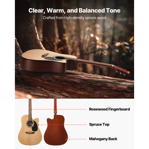 Cutway Acoustic Guitar 41 in 6String Natural Solid Spruce Top Guitar