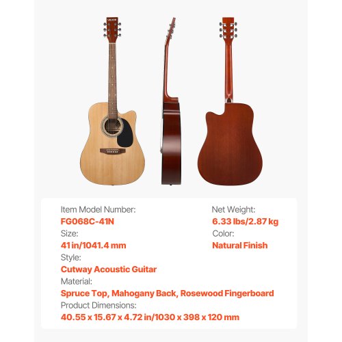 Cutway Acoustic Guitar 41 in 6String Natural Solid Spruce Top Guitar