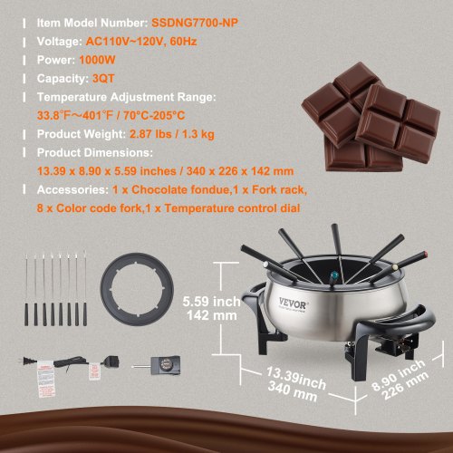 Electric Fondue Pot Set for Cheese Chocolate 3 Quart Chocolate Melting