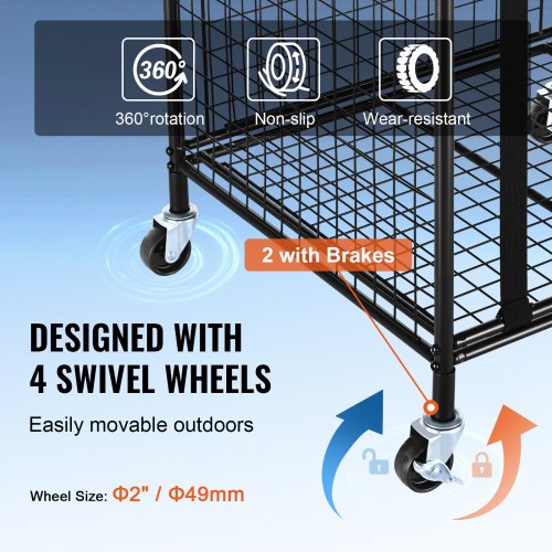 Rolling Sports Ball Storage Cart Lockable Basketball Cage with Elastic