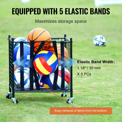 Rolling Sports Ball Storage Cart Lockable Basketball Cage with Elastic