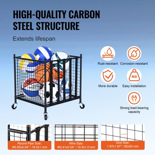 Rolling Sports Ball Storage Cart Lockable Basketball Cage with Elastic