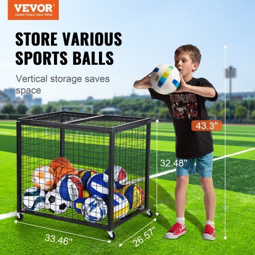 Rolling Sports Ball Storage Cart Basketball Cage with Double Lids Sport