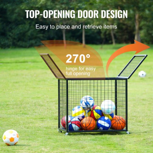 Rolling Sports Ball Storage Cart Basketball Cage with Double Lids Sport