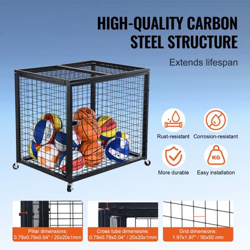 Rolling Sports Ball Storage Cart Basketball Cage with Double Lids Sport