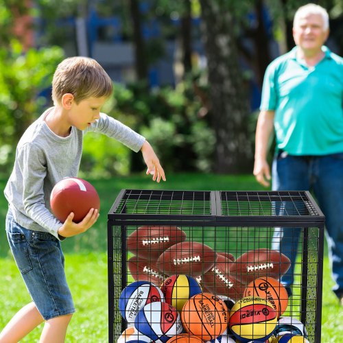 Rolling Sports Ball Storage Cart Basketball Cage with Double Lids Sport
