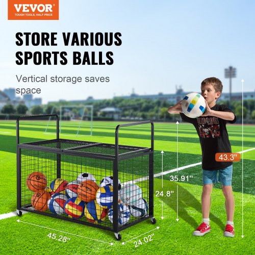 Rolling Sports Ball Storage Cart Lockable Basketball Cage with Double Lids