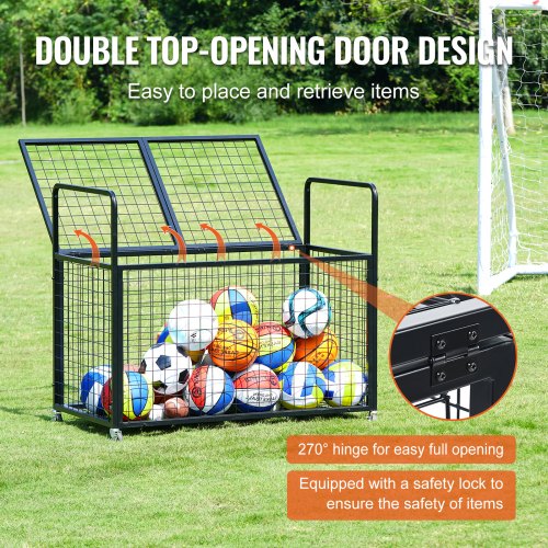 Rolling Sports Ball Storage Cart Lockable Basketball Cage with Double Lids