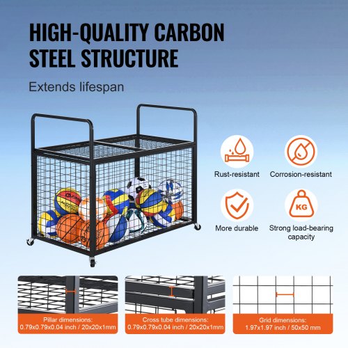 Rolling Sports Ball Storage Cart Lockable Basketball Cage with Double Lids