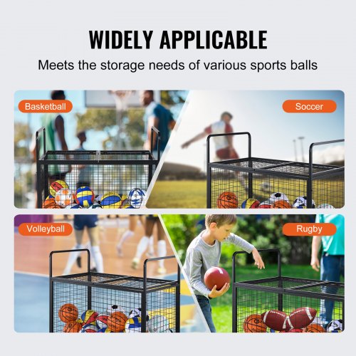 Rolling Sports Ball Storage Cart Lockable Basketball Cage with Double Lids