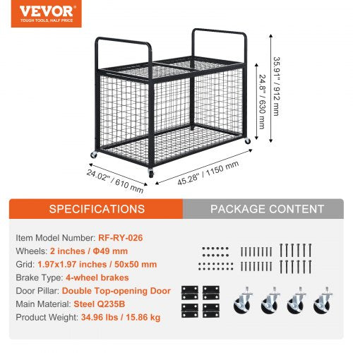 Rolling Sports Ball Storage Cart Lockable Basketball Cage with Double Lids