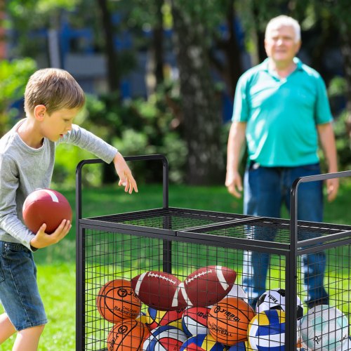 Rolling Sports Ball Storage Cart Lockable Basketball Cage with Double Lids
