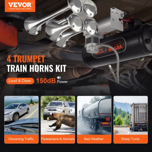 Train Horns Kit 4 Trumpet Air Horn Kit 150dB Train Horns for Pickup