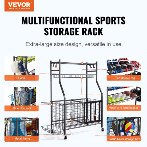 Sports Equipment Garage Organizer Rolling Ball Storage Cart on Wheels
