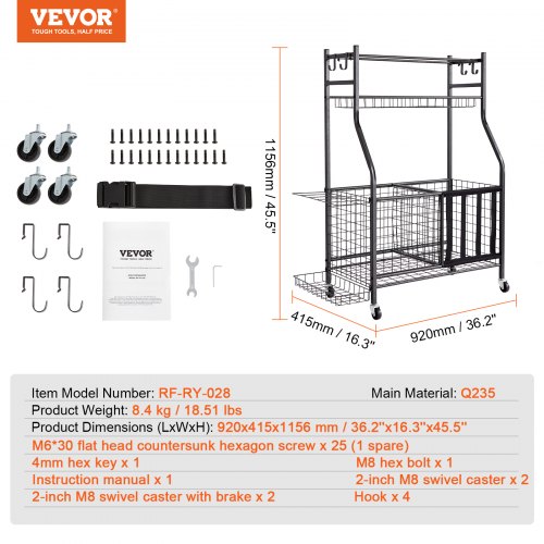 Sports Equipment Garage Organizer Rolling Ball Storage Cart on Wheels